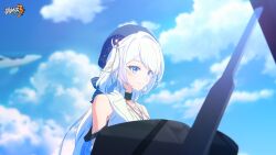Rule 34 | 1girl, ahoge, armpit crease, beret, black choker, black hat, blue eyes, breasts, choker, cloud, cloudy sky, day, hat, highres, honkai (series), honkai impact 3rd, instrument, jewelry, kiana kaslana, logo, long hair, looking at object, music, necklace, official art, official wallpaper, outdoors, piano, playing instrument, playing piano, sky, small breasts, smile, solo, white hair