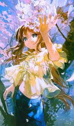 Rule 34 | 1girl, arm up, beer can, blue eyes, blue sky, brown hair, can, cherry blossoms, crop top, day, denim, drink can, highres, holding, holding can, long hair, maij, navel, original, outdoors, pants, sky, smile, solo, tree