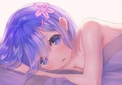 Rule 34 | 10s, 1girl, aimee (emi), aimee (origin), bad id, bad pixiv id, bare arms, blue eyes, blue hair, blush, breasts, counter (734671289), flower, hair flower, hair ornament, looking at viewer, lying, matching hair/eyes, on bed, on side, open mouth, pov across bed, re:zero kara hajimeru isekai seikatsu, rem (re:zero), short hair, small breasts, solo, under covers, x hair ornament