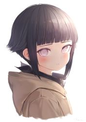 Rule 34 | 1girl, bad id, bad twitter id, black hair, blunt bangs, blush, brown hoodie, child, cropped torso, drawstring, forehead protector, from side, headband around neck, highres, hood, hood down, hoodie, hyuuga hinata, light, looking at viewer, looking to the side, naruto, naruto (series), parted lips, purple eyes, ryota (ry o ta), short hair, sidelocks, signature, simple background, solo, upper body, white background