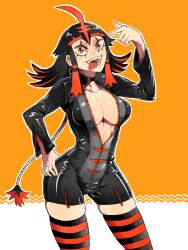 Rule 34 | 1girl, bad drawr id, bad id, bodysuit, breasts, cleavage, creatures (company), game freak, gen 7 pokemon, incineroar, long hair, multicolored hair, nintendo, open clothes, open mouth, personification, pokemon, pokemon sm, simple background, skin tight, smile, solo, sudeni sokurou, thighhighs, tongue, tongue out, torracat, yellow eyes