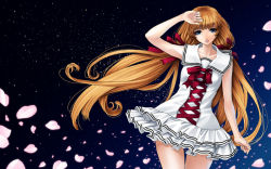Rule 34 | 1girl, arm up, bare arms, blue eyes, cowboy shot, cross-laced clothes, dress, frilled dress, frills, hair ribbon, hand on forehead, kunishige keiichi, lips, long hair, low twintails, orange hair, parted lips, petals, red ribbon, ribbon, sailor dress, short dress, sleeveless, sleeveless dress, solo, thigh gap, twintails, very long hair, white dress, wind