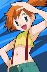 Rule 34 | 1girl, arm up, armpits, blue background, blue eyes, breasts, creatures (company), crop top, crop top overhang, denim, denim shorts, game freak, hainchu, looking at viewer, midriff, misty (pokemon), navel, nintendo, open mouth, orange hair, pokemon, ponytail, shirt, short hair, shorts, side ponytail, sleeveless, sleeveless shirt, small breasts, smile, solo, striped, striped background, suspenders, tank top, upper body, wide ponytail, yellow shirt