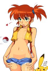 Rule 34 | 1girl, :p, breasts, brown hair, cleavage, clothes pull, commentary request, creatures (company), crop top, game freak, gen 1 pokemon, green eyes, groin, hair between eyes, heart, micro shorts, misty (pokemon), navel, nintendo, no bra, open clothes, open fly, optionaltypo, orange hair, pikachu, poke ball, poke ball (basic), pokemon, pokemon: the electric tale of pikachu, pokemon (creature), short hair, short shorts, shorts, shorts pull, side ponytail, small breasts, stomach, suspenders, thigh gap, tongue, tongue out, unbuttoned