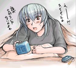 Rule 34 | 00s, alarm clock, cellphone, clock, lowres, lying, aged up, on stomach, phone, red eyes, rozen maiden, shirt, silver hair, solo, suigintou, t-shirt, translation request, tsuda nanafushi