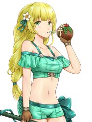 1girl, bangs, bare shoulders, bikini, blonde hair, breasts, brown gloves, cleavage, coconut, commentary request, cowboy shot, eyebrows visible through hair, fire emblem, fire emblem: three houses, fire emblem heroes, flower, gloves, green bikini, green eyes, green ribbon, green shorts, groin, hair flower, hair ornament, hair ribbon, hand up, highres, holding, howaito gyuunyuu, ingrid brandl galatea, long hair, looking at viewer, navel, nintendo, off-shoulder bikini, off shoulder, parted lips, ribbon, short shorts, short sleeves, shorts, simple background, small breasts, solo, standing, stomach, swimsuit, white background, white flower