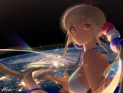 Rule 34 | 1girl, blonde hair, breasts, dark-skinned female, dark skin, earth (planet), hair ornament, handot (d yot ), highres, hololive, hololive english, large breasts, limiter (tsukumo sana), long hair, looking at viewer, planet, planet hair ornament, sideboob, smile, solo, space, tsukumo sana, twintails, very long hair, virtual youtuber, yellow eyes