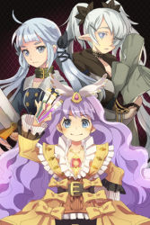 Rule 34 | ahoge, arm up, belt, blue eyes, blue hair, blush, bow, brooch, choker, clarice altheim, dao (sword girls), frills, grey hair, hair ornament, hair over one eye, hair ribbon, hairpin, hand on own hip, holding, homunculus, jewelry, long hair, lowres, necklace, pointy ears, potion, purple hair, ribbon, smile, sword, sword girls, twintails, very long hair, vial, wavy hair, weapon