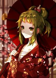 Rule 34 | 1girl, alternate costume, alternate hairstyle, architecture, cherry blossoms, closed mouth, collarbone, east asian architecture, flat chest, from side, green eyes, green hair, gumi, hair ornament, hairpin, highres, holding, holding umbrella, japanese clothes, kimono, looking at viewer, nichya, oil-paper umbrella, patterned clothing, red kimono, sarashi, shadow, short hair, sidelocks, sleeves past wrists, smile, solo, branch, tsurime, umbrella, upper body, vocaloid