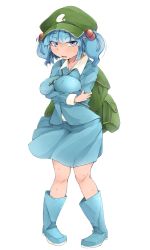 Rule 34 | 1girl, backpack, bag, between breasts, blue hair, blue shirt, blue skirt, blunt bangs, boots, breast hold, breasts, collared shirt, covered erect nipples, crossed arms, dress, dress shirt, eyebrows, flanvia, full body, hair bobbles, hair ornament, hat, highres, kawashiro nitori, large breasts, legs apart, long sleeves, open mouth, pigeon-toed, rubber boots, shirt, short hair, short sleeves, simple background, skirt, skirt set, solo, standing, sweat, touhou, two side up, white background, white shirt