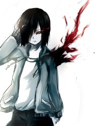 Rule 34 | 10s, 1girl, aria1211, black sclera, colored sclera, glowing, glowing eye, hair over one eye, hand on own head, highres, hood, hoodie, kagune (tokyo ghoul), kirishima touka, long sleeves, monochrome, partially colored, red eyes, short hair, single wing, solo, spoilers, spot color, tokyo ghoul, white background, wings