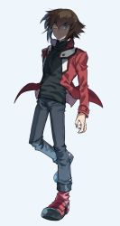 Rule 34 | 1boy, bad id, bad pixiv id, black shirt, blue eyes, brown hair, duel academy uniform (yu-gi-oh! gx), grey background, grey pants, hair between eyes, heterochromia, jacket, long sleeves, male focus, multicolored hair, open clothes, open jacket, pants, parted lips, red footwear, red jacket, shirt, simple background, solo, torinomaruyaki, two-tone hair, yellow eyes, yu-gi-oh!, yu-gi-oh! gx, yuki judai