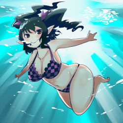 Rule 34 | 1girl, barefoot, bikini, black hair, blush, breasts, brown eyes, checkered bikini, checkered clothes, cleavage, curvy, female focus, freediving, himekaidou hatate, large breasts, long hair, plump, pointy ears, shinobe, smile, solo, swimming, swimsuit, touhou, twintails, underwater, water