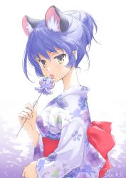 Rule 34 | 1girl, 2020, animal ears, animal print, blue hair, cat ears, cat print, cherry blossom print, floral print, from side, hair between eyes, highres, holding, japanese clothes, kimono, long sleeves, looking at viewer, precure, print kimono, prunce (precure), signature, solo, star twinkle precure, sweater, tongue, tongue out, tuqi pix, white background, white kimono, yellow sweater, yukata, yuni (precure)