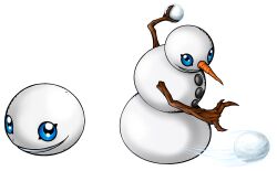Rule 34 | blue eyes, carrot, digimon, digimon (creature), highres, looking at viewer, smile, snow, snowball, snowballmon, snowman, snowmanmon, wood