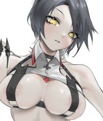 Rule 34 | 1girl, annlee, areola slip, azur lane, bare shoulders, black hair, breast strap, breasts, choker, clueless, commentary request, hair over one eye, head tilt, large breasts, looking at viewer, short hair, shrug (clothing), simple background, skindentation, slit pupils, solo, swept bangs, ulrich von hutten (azur lane), upper body, wardrobe malfunction, white background, yellow eyes
