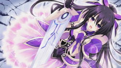Rule 34 | 10s, 1girl, armor, date a live, long hair, looking at viewer, open mouth, ponytail, purple eyes, purple hair, skirt, solo, sword, tsunako, weapon, yatogami tooka