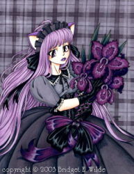 Rule 34 | 00s, 1girl, 2003, animal ears, bewildered, black background, black dress, black gloves, bouquet, breasts, cat ears, cat girl, dress, flower, gloves, gothic lolita, holding, lolita fashion, looking at viewer, lowres, maid headdress, medium breasts, plaid, plaid background, purple eyes, purple hair, purple lips, ribbon, short sleeves, solo