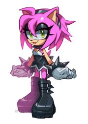 Rule 34 | 1girl, :3, alternate costume, amy rose, animal ears, animal nose, arms at sides, artist name, bare shoulders, black dress, black eyeshadow, black footwear, black hairband, boots, bracelet, breasts, cleavage, clenched hands, collar, dress, eyeshadow, female focus, full body, furry, furry female, gloves, goth fashion, gothic, green eyes, hairband, half-closed eyes, happy, highres, jewelry, knee boots, looking at viewer, makeup, notched ear, open mouth, pink hair, ponti (pontiikii), punk, punkish gothic, short dress, short hair, sidelocks, simple background, small breasts, smile, solo, sonic (series), spiked bracelet, spiked collar, spikes, standing, strapless, strapless dress, tail, twitter username, watermark, white background, white gloves