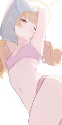 Rule 34 | 1girl, armpits, blonde hair, blue archive, bra, breasts, closed mouth, clothes lift, collarbone, commentary, halo, highres, hiroki (yyqw7151), lifting own clothes, long hair, looking at viewer, navel, one eye closed, panties, pink bra, pink panties, shirt lift, simple background, small breasts, solo, thighs, underwear, undressing, white background, yellow halo, yoshimi (blue archive)