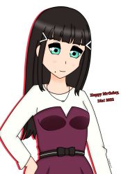 Rule 34 | 1girl, absurdres, aqua eyes, artist name, artist request, black bow, black hair, blunt bangs, bow, breasts, dress, dress shirt, female focus, green eyes, hair ornament, hairclip, hand on own hip, highres, hime cut, jewelry, kurosawa dia, long hair, long sleeves, looking at viewer, love live!, love live! sunshine!!, miniskirt, mole, mole under mouth, necklace, plaid, plaid skirt, pleated, pleated skirt, purple skirt, shirt, skirt, small breasts, solo, white background, white shirt, yukiheart19