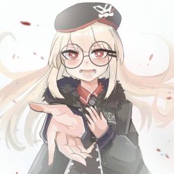Rule 34 | 1girl, beret, black nails, blush, fur trim, girls&#039; frontline, hand on own chest, hat, highres, jacket, long hair, looking at viewer, misaki150280, nail polish, open mouth, outstretched arm, red eyes, round eyewear, smile, solo, type 80 (girls&#039; frontline)