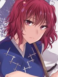 Rule 34 | 1girl, asa (coco), closed mouth, expressionless, hair bobbles, hair ornament, japanese clothes, looking at viewer, onozuka komachi, puffy short sleeves, puffy sleeves, red eyes, red hair, scythe, short sleeves, solo, touhou, two side up, upper body