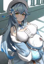 Rule 34 | 1girl, absurdres, ahoge, akiki (kiki), bare shoulders, beret, blouse, blue bow, blue bowtie, blue coat, blue hair, blush, bow, bowtie, braid, breasts, center frills, cleavage, cleavage cutout, clothing cutout, coat, daifuku (yukihana lamy), flower, frilled shirt, frills, fur-trimmed coat, fur trim, hair between eyes, hair flower, hair ornament, hat, heart, heart ahoge, highres, hololive, large breasts, long hair, looking at viewer, multicolored hair, nose bubble, off shoulder, open mouth, pointy ears, shirt, sleeveless, sleeveless shirt, snowflake hair ornament, snowflake print, solo, streaked hair, very long hair, virtual youtuber, white hat, white shirt, yellow eyes, yukihana lamy