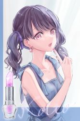 Rule 34 | 1girl, aoba yukichi, bare shoulders, black hair, character name, collarbone, commentary request, cosmetics, earrings, fang, fukumaru koito, hair ribbon, highres, idolmaster, idolmaster shiny colors, jewelry, lipstick, lipstick tube, looking at viewer, makeup, medium hair, nail polish, pink nails, pointing, purple eyes, purple ribbon, ribbon, skin fang, sleeveless, solo, twintails, upper body