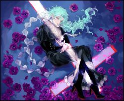 Rule 34 | 1other, androgynous, anemone (flower), aqua hair, black dress, boots, bridal gauntlets, cross, dress, emblem, flower, high heel boots, high heels, highres, jaemin107, lace trim, latin cross, light rays, long hair, looking at viewer, lying, on side, original, parted lips, petals, puffy short sleeves, puffy sleeves, purple eyes, scarf, short sleeves, side slit, solo, wavy hair