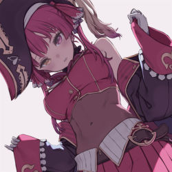 Rule 34 | 1girl, arrow through heart, bare shoulders, belt, belt buckle, black coat, black hat, blush, breasts, buckle, coat, commentary, covered navel, cropped vest, dress, from below, hat, heterochromia, hololive, houshou marine, kuroboshi kouhaku, long hair, long sleeves, looking at viewer, looking down, medium breasts, off shoulder, open clothes, open coat, parted lips, pirate hat, pleated skirt, purple eyes, purple hair, purple skirt, purple vest, simple background, skirt, solo, twintails, vest, virtual youtuber, white background, white dress, yellow eyes
