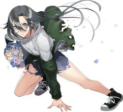 Rule 34 | 1girl, alternate costume, amagiri (kancolle), drew (drew213g), flower, full body, glasses, grey eyes, grey hair, hair between eyes, jacket, kantai collection, leaning forward, long hair, lowres, shorts, solo, torn clothes, transparent background, very long hair