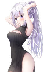 Rule 34 | 1girl, armpits, arms up, bare arms, bare shoulders, black dress, breasts, cleavage, cleavage cutout, clothing cutout, cowboy shot, dress, hair ribbon, highres, indie virtual youtuber, kirifrog, long hair, looking at viewer, medium breasts, naito mare (vtuber), pelvic curtain, ponytail, purple eyes, ribbed dress, ribbon, short dress, simple background, solo, thighs, tongue, tongue out, virtual youtuber, white background, white hair
