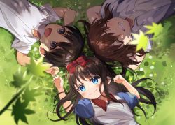 Rule 34 | 1girl, 2boys, aged down, alternate costume, arm behind head, arms behind head, black eyes, black hair, blue dress, blue eyes, blush, brother and sister, brown hair, closed eyes, closed mouth, collared dress, collared shirt, commentary request, dress, fangs, grass, hair ribbon, highres, jacket, leaf, long hair, lying, medium hair, mixgrill, multiple boys, open clothes, open jacket, open mouth, outdoors, puffy short sleeves, puffy sleeves, red ribbon, ribbon, shirt, short hair, short sleeves, siblings, smile, teeth, tohno akiha, tohno shiki, tohno shiki (2), tongue, tsukihime, tsukihime (remake), vest, white jacket, white shirt, white vest