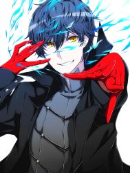 Rule 34 | 10s, 1boy, amamiya ren, black hair, gloves, highres, hz (666v), jacket, looking at viewer, male focus, open mouth, persona, persona 5, red gloves, short hair, simple background, smile, solo, white background, yellow eyes
