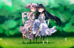 Rule 34 | 2girls, akemi homura, black eyes, black hair, blurry, blurry background, blush, choker, closed eyes, closed mouth, collarbone, commentary, derivative work, dress, english commentary, highres, kaname madoka, kitchupsandwich, long hair, mahou shoujo madoka magica, mahou shoujo madoka magica: hangyaku no monogatari, multiple girls, on chair, outdoors, pink hair, sandals, screenshot redraw, short twintails, twintails, very long hair, white bracelet, white choker, white dress