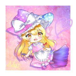 Rule 34 | 1girl, :d, adapted costume, apron, blonde hair, blush, braid, broom, chibi, commentary request, frilled apron, frills, full body, hat, heart, heart background, highres, holding, holding broom, kinpatu mai, kirisame marisa, long hair, looking at viewer, open mouth, orange eyes, pink background, pink footwear, pink hat, pink skirt, pink vest, puffy short sleeves, puffy sleeves, shirt, short sleeves, single braid, skirt, smile, socks, solo, touhou, vest, waist apron, white apron, white shirt, white socks, witch hat