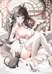 Rule 34 | 1girl, animal, ass, bare shoulders, black hair, blue eyes, breasts, cat, cleavage, clothes lift, dress, dress lift, elbow gloves, gloves, high heels, highres, knees up, large breasts, long hair, looking at viewer, low twintails, original, parted lips, sideboob, sitting, sleeveless, sleeveless dress, solo, thighhighs, tiara, twintails, wedding dress, white dress, white footwear, white gloves, white thighhighs, zerocat