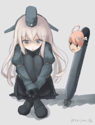 Rule 34 | 1girl, black pantyhose, blonde hair, blue eyes, commentary request, cropped jacket, crying, crying with eyes open, full body, garrison cap, hat, i-58 (kancolle), kantai collection, long hair, looking down, mask, military, military uniform, pantyhose, reiyou fg, simple background, sitting, solo, tears, torpedo, twitter username, u-511 (kancolle), uniform, white background