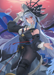 Rule 34 | 1girl, air bubble, arknights, arm up, bare shoulders, black headwear, black pantyhose, breasts, bubble, commentary request, cowboy shot, detached sleeves, grin, highres, long hair, long sleeves, looking at viewer, medium breasts, pantyhose, red eyes, silver hair, sima naoteng, smile, solo, specter (arknights), specter the unchained (arknights), thigh strap, thighhighs, thighs, very long hair