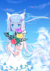Rule 34 | 10s, 1girl, animal ears, bare arms, blue eyes, blue sky, blunt bangs, bow, bridal veil, cat ears, cat tail, chinese commentary, cloud, commentary request, day, dress, flower, hair bow, highres, holding, long hair, looking at viewer, low twintails, nekopara, pink bow, sky, solo, tail, tail ornament, twintails, user vkkt4784, vanilla (nekopara), vase, veil, white dress, white hair