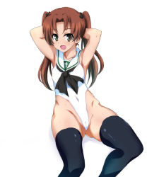 Rule 34 | 10s, 1girl, armpits, black thighhighs, blush, breasts, brown eyes, brown hair, cameltoe, girls und panzer, highleg, highleg leotard, highres, kadotani anzu, leotard, open mouth, ouhashi, small breasts, smile, solo, thighhighs, twintails