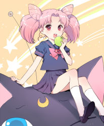 Rule 34 | 1990s (style), 1girl, apple, bishoujo senshi sailor moon, bishoujo senshi sailor moon r, black shirt, black skirt, bow, brooch, chibi usa, child, cone hair bun, eating, food, fruit, green apple, hair bun, heart, heart brooch, holding, holding food, holding fruit, jewelry, legs, luna-p, nardack, open mouth, pink bow, pink eyes, pink hair, retro artstyle, school uniform, shirt, short twintails, skirt, solo, twintails