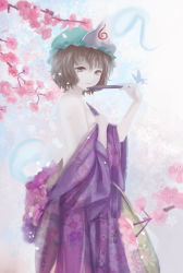 Rule 34 | 1girl, alternate hair color, bare back, bare shoulders, branch, breasts, brown eyes, brown hair, bug, butterfly, cherry blossoms, cleavage, floral background, floral print, folded fan, folding fan, gradient background, hand fan, highres, hitodama, insect, japanese clothes, kimono, lips, looking at viewer, looking to the side, mag (huangmag), off shoulder, saigyouji yuyuko, seductive smile, short hair, sideboob, small breasts, smile, solo, touhou, triangular headpiece