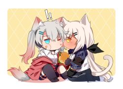Rule 34 | !, !!, 2girls, animal ear fluff, animal ears, black gloves, black legwear, black neckerchief, black skirt, blue eyes, blue sleeves, burger, cat ears, cat tail, chibi, commentary, commission, crumbs, eating, english commentary, food, food on face, girls&#039; frontline, gloves, grey hair, hair ornament, hairclip, headset, highres, jacket, kneeling, licking, licking another&#039;s cheek, licking another&#039;s face, long hair, lwmmg (girls&#039; frontline), m590 (girls&#039; frontline), multicolored hair, multiple girls, neckerchief, off shoulder, one eye closed, pantyhose, pleated skirt, red jacket, second-party source, shirt, single thighhigh, sitting, skirt, tail, thighhighs, twintails, very long hair, white hair, white jacket, white shirt, wolf ears, wolf tail, yellow eyes, yuutama2804