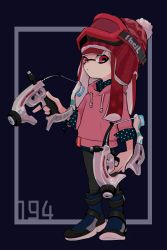 Rule 34 | 1girl, artist name, black background, black pantyhose, black shirt, black skirt, blue footwear, blunt bangs, blunt ends, bobblehat, boots, border, closed mouth, collared shirt, commentary, dapple dualies (splatoon), drawstring, dual wielding, goggles, goggles on headwear, grey border, holding, holding weapon, hood, hood down, hoodie, imaikuy0, inkling, inkling (language), inkling girl, inkling player character, long hair, looking at viewer, miniskirt, nintendo, outside border, pantyhose, pink shirt, polka dot, polka dot shirt, red eyes, red hair, red headwear, shirt, ski goggles, skirt, solo, splatoon (series), splatoon 2, standing, symbol-only commentary, tentacle hair, weapon