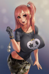 Rule 34 | 1girl, :o, belt, breasts, clothes pull, dead or alive, dead or alive 5, eu03, gloves, hair ornament, highres, hip focus, honoka (doa), huge breasts, large breasts, long hair, looking at viewer, one side up, open mouth, ponytail, red eyes, red hair, shirt, shirt pull, simple background, skirt, skull, skull and crossbones, smile, solo, taut clothes, taut shirt