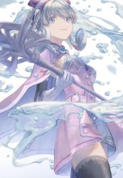 Rule 34 | 1girl, absurdres, black thighhighs, breasts, cape, cowboy shot, dress, from below, fujie-yz, gloves, grey eyes, hat, highres, holding, holding staff, magic, melia antiqua, short dress, silver hair, simple background, small breasts, solo, staff, thighhighs, water, white background, xenoblade chronicles (series), xenoblade chronicles 1