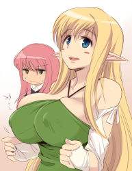 Rule 34 | 2girls, bare shoulders, blonde hair, blue eyes, blush, blush stickers, breast envy, breasts, bursting breasts, elf, covered erect nipples, kuruta, large breasts, long hair, louise francoise le blanc de la valliere, multiple girls, open mouth, pink hair, pointy ears, smile, sweat, tiffania westwood, very long hair, zero no tsukaima