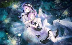 Rule 34 | 2girls, anklet, armlet, closed eyes, dress, euryale (fate), euryale (third ascension) (fate), fate/grand order, fate (series), frilled hairband, frills, hairband, headdress, jewelry, koroneko p0w0q, lolita fashion, lolita hairband, long hair, looking at viewer, multiple girls, purple eyes, purple hair, revealing clothes, siblings, sisters, stheno (fate), stheno (third ascension) (fate), thighlet, thighs, twins, twintails, very long hair, white background, white dress